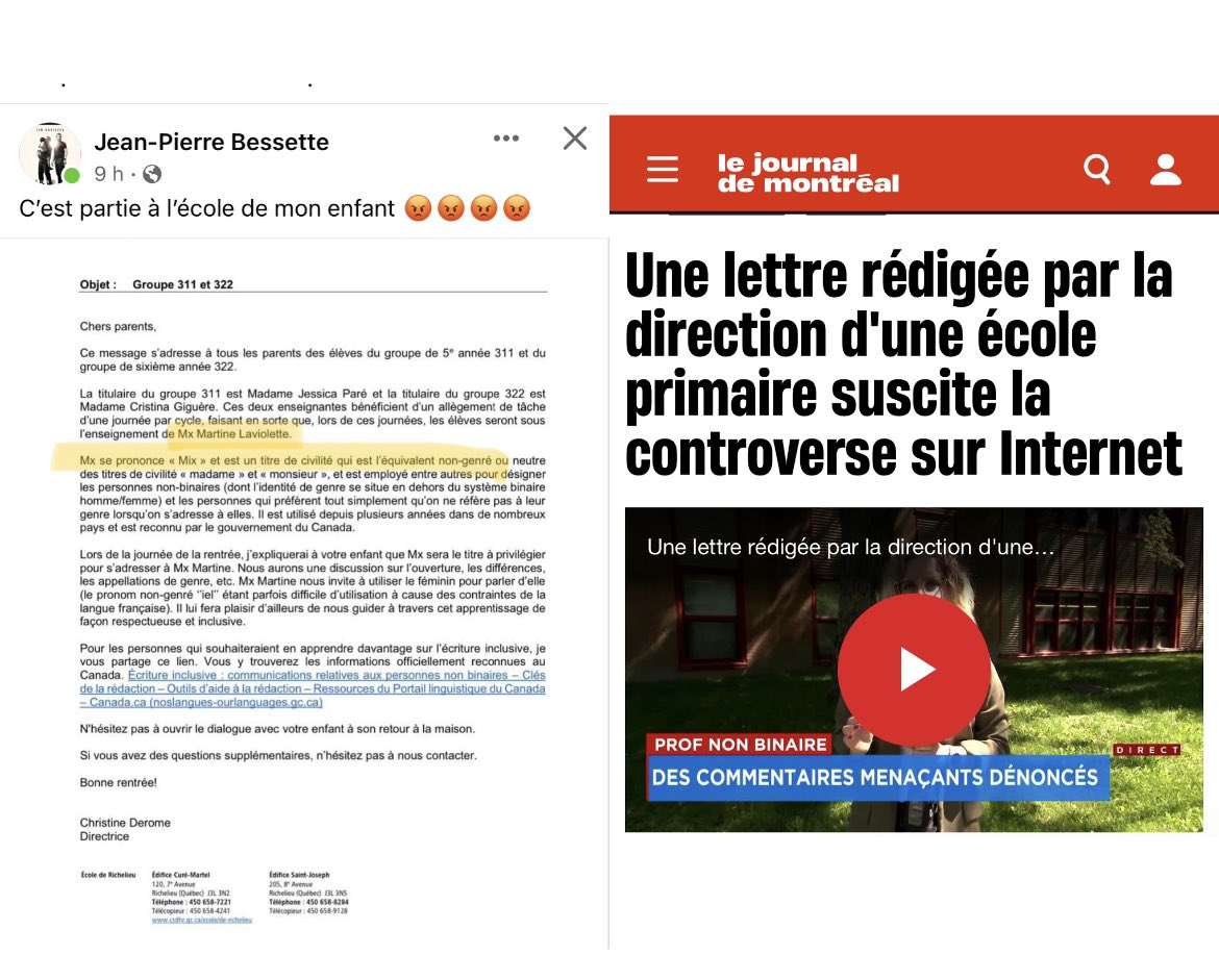 CarolineLessar8's tweet image. Professeur trans à l’école de Richelieu… Petites rectifications avec Genevieve Guerin.
Jean-Pierre Bessette est le père qui a dénoncé le courriel qu’il a reçu de l’école concernant le professeur trans qui circule partout même dans les médias traditionnels.…
