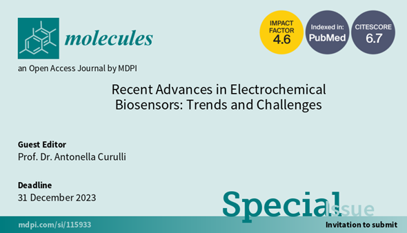 Molecules_MDPI's tweet image. 📢New Special Issue Open: &quot;Recent Advances in Electrochemical Biosensors: Trends and Challenges&quot; warmly welcoming new submissions.
✏️Guest edited by Prof. Dr. Antonella Curulli 
🔗mdpi.com/journal/molecu…

📌#nanomaterials #chemosensors #immunosensors #aptasensors