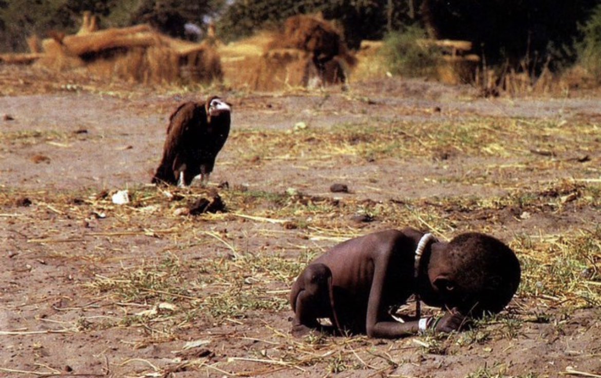 This is a photograph taken by Kevin Carter in Sudan in 1993. The image depicts a frail famine-stricken child, with a hooded vulture eyeing him from nearby. The picture won the Pulitzer Prize for Feature Photography award in 1994. Carter took his own life four months after winning…