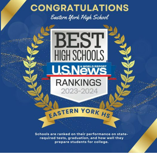Congratulations to the students and staff of Eastern York High School for recently receiving recognition from the U.S. News &amp; World Report as a "Best High School!" This is the 7th consecutive year the school has received this recognition.  Every Day......Every Knight.