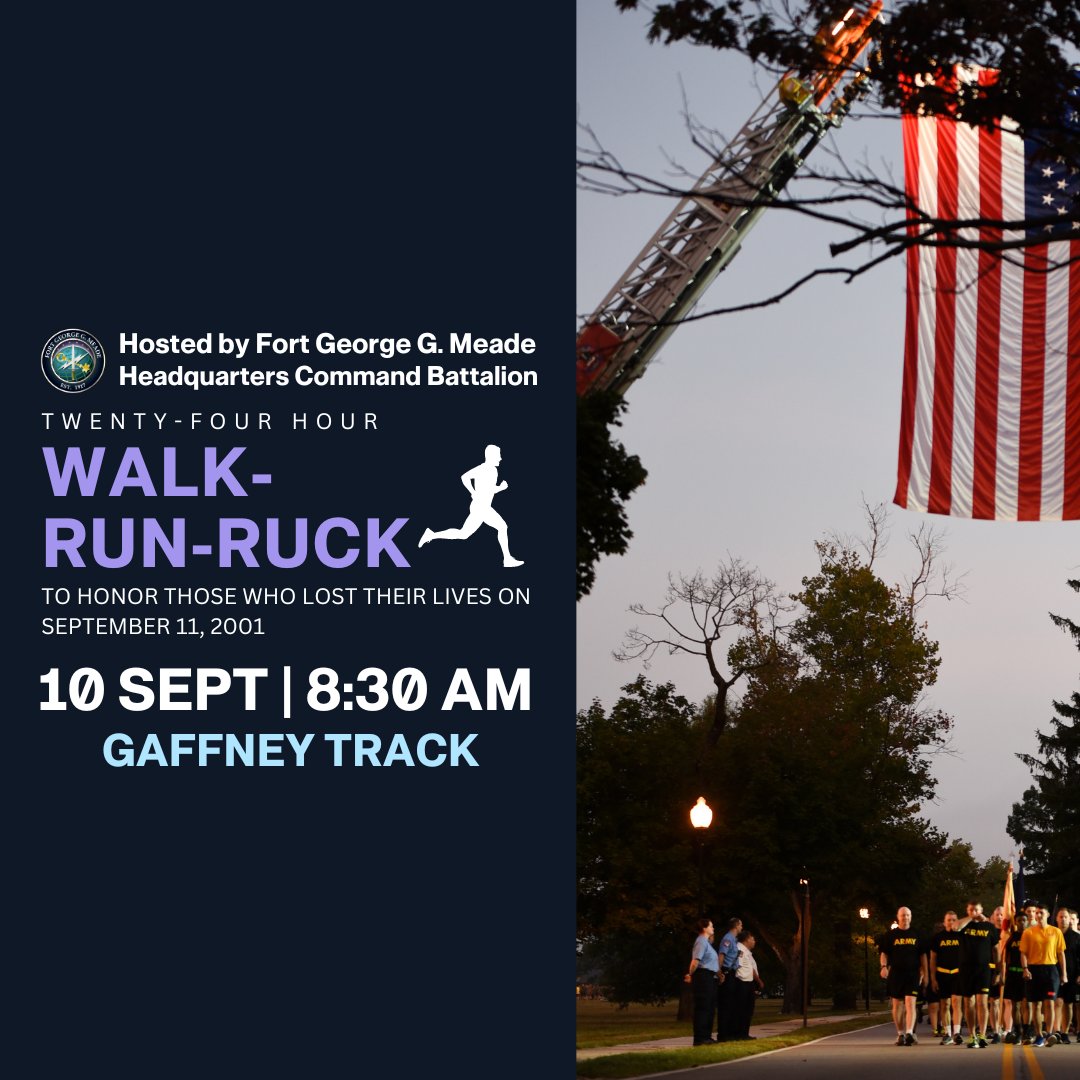 DebChase299981's tweet photo. 🇺🇸 Join us for the 9/11 Walk-Run-Ruck at Fort Meade on Sept 10-11. Let's honor heroes and remember! Sign up now: https://t.co/rcpkuwZxir 

Wear your reflective gear and be there at 8:30 a.m. 🏃‍♂️🚶‍♀️ #911WalkRunRuck #NeverForget https://t.co/RtT0EvdaYx