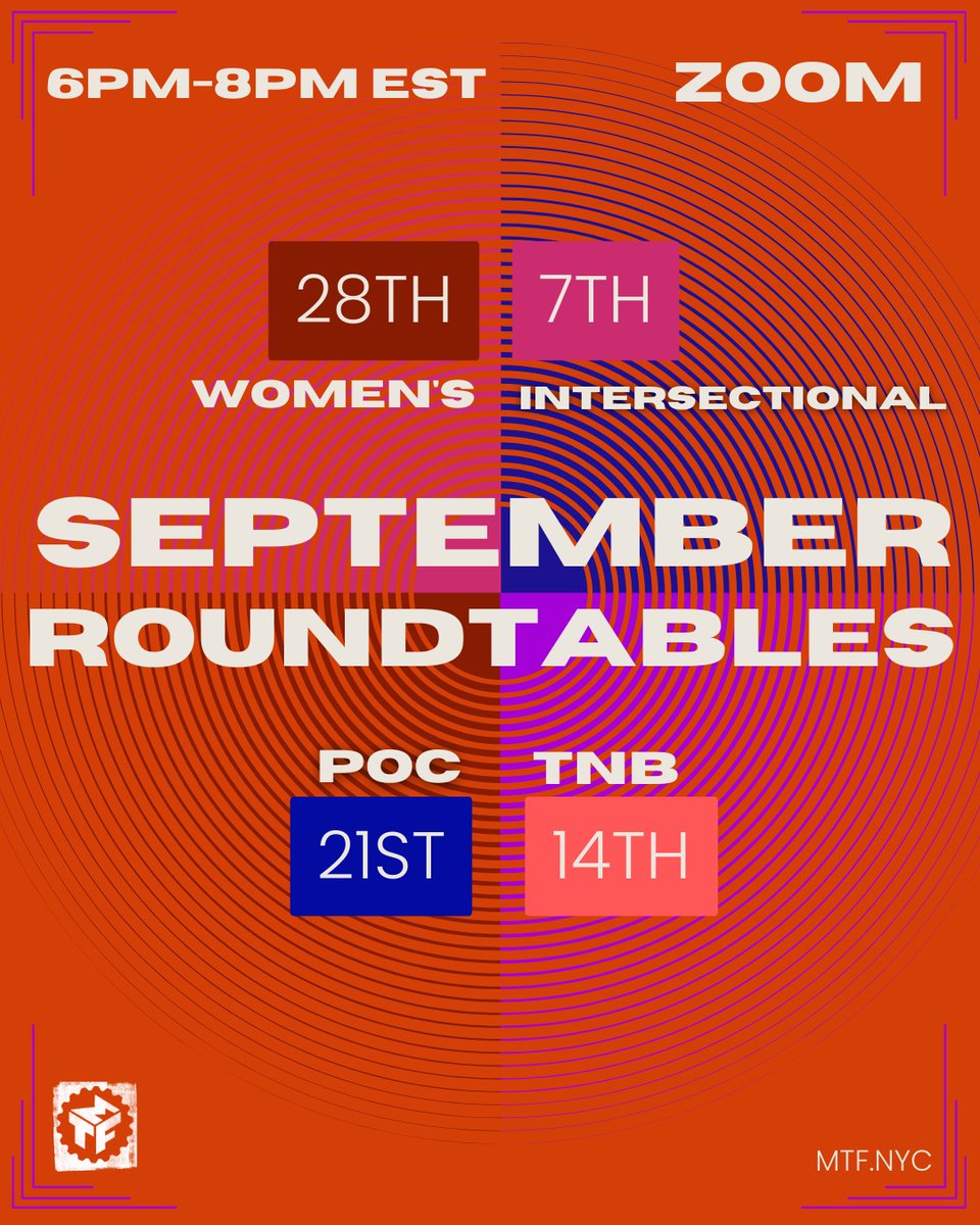 🍂September Roundtables are Here! 🍁Fall into something new and join us in these nurturing and creative spaces where ALL voices are celebrated! 🎨💬 #MTFRoundtables #FeedbackSpace #GenerativeSpace #MusicalTheatreDevelopmentSpace #MusicalTheatreFactory #WritersGroup #OnlineEvent