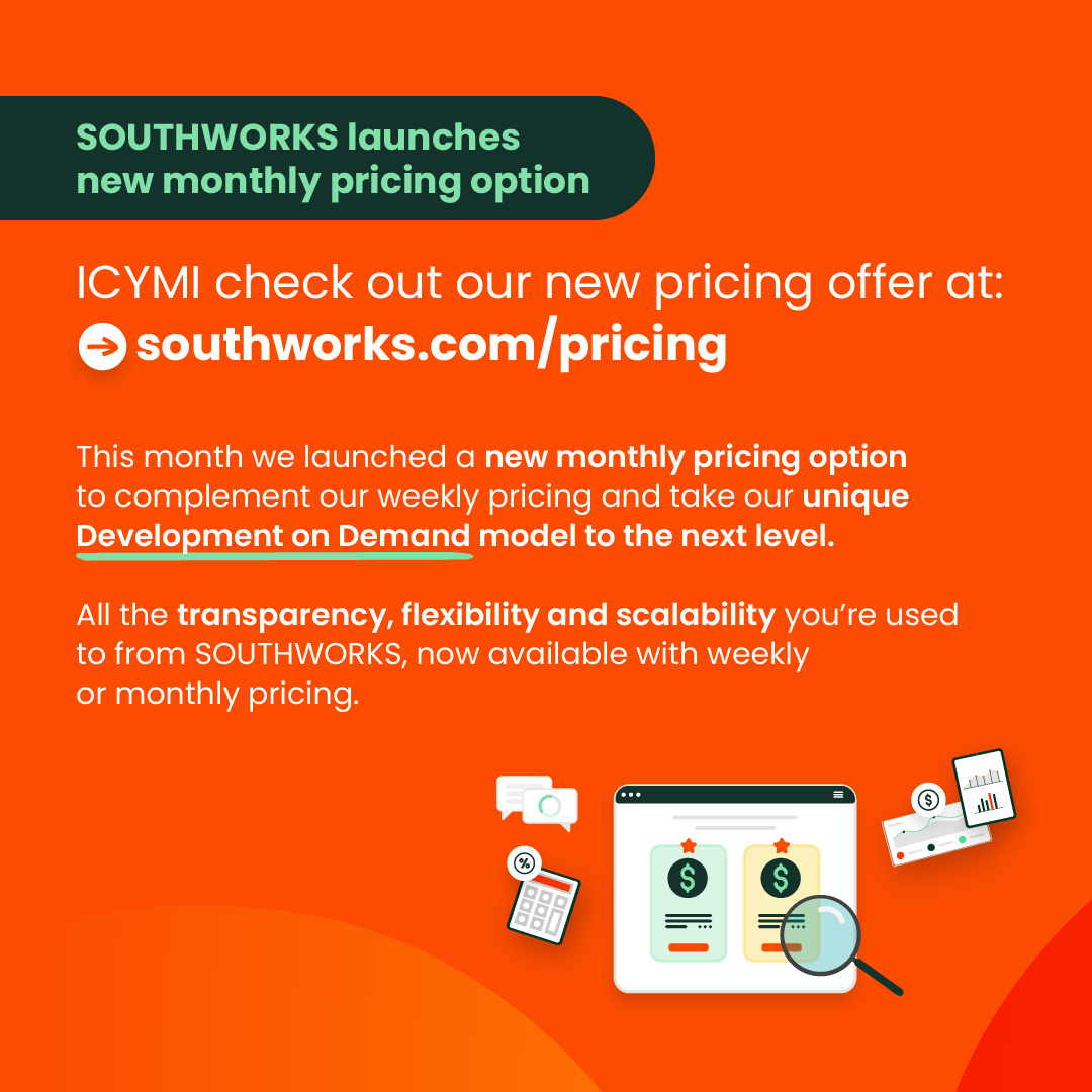 southworks's tweet image. 4/5 👀 ICYMI 🚀 #SOUTHWORKS launched a new monthly pricing option in August augmenting #DevelopmentonDemand to give customers all the transparency, flexibility and scalability you’re used to, now available at monthly or weekly pricing. 
 💡Check it out at southworks.com/pricing