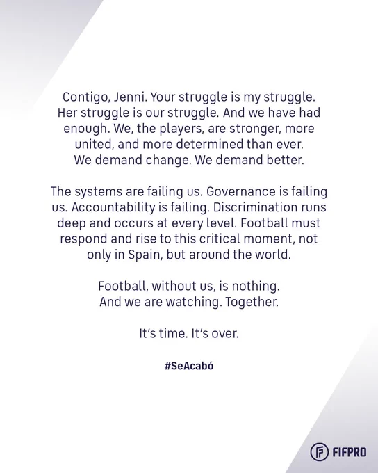 🚨 COMUNICADO DE FIFPRO

🗣️"Contigo, Jenni. Tu sufrimiento es mi sufrimiento. Su sufrimiento es nuestro sufrimiento. Y ya hemos tenido bastante. Nosotras, las jugadoras, somos más fuertes, más unidas, más decididas que nunca. Pedimos cambios, pedimos mejoras"

🗣️"Los sistemas nos