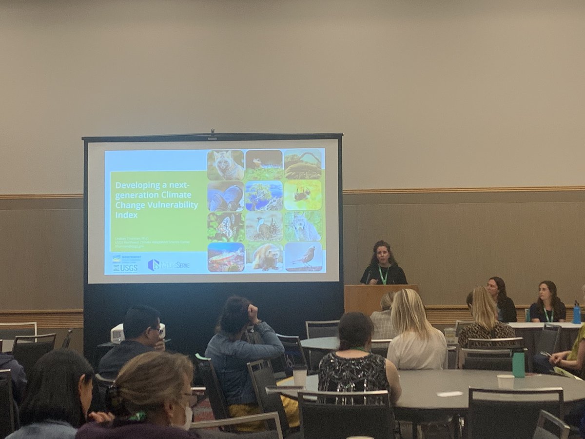 usgs_climate's tweet photo. What's everyone looking at? 👀 Is it USGS Northwest CASC Regional Administrator Nicole DeCrappeo and Partnership Ecologist Lindsey Thurman presenting about #ClimateAdaptation at #ESA2023? Did you see any great (cough cough USGS) talks at ESA this year? @NW_CASC #CASCAdapt https://t.co/ecl5ZYJ8xz