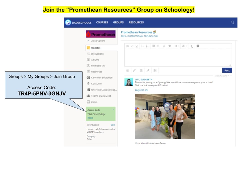 <a href="/MDCPS/">Miami-Dade Schools</a> Teachers! Join the "Promethean Resources" Group on <a href="/Schoology/">Schoology</a>! Stay up to date with Promethean happenings around the district &amp; access helpful resources! #TeamPromethean <a href="/Promethean/">Promethean</a> <a href="/EcAkerman/">LeanneAkermanEC</a> <a href="/PrometheanLiu/">Bianca Liu</a> <a href="/MelissaLuck5/">Melissa Luck</a> <a href="/noeld123/">Noel</a>
