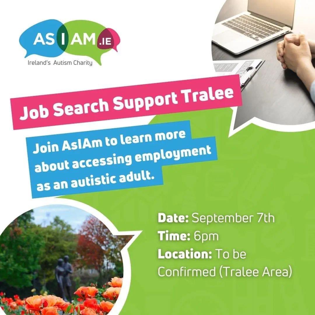 EmployabilityK's tweet photo. Are you based in the Tralee area? Join AsIAm to learn more about accessing employment as an autistic adult. 

Email jennifer@asiam.ie for more information

Date: September 7th 2023 | Time: 6pm | Location: To be Confirmed (Tralee Local Area) | Who: Facilitated by Jennifer O'Connor https://t.co/icDmYaGQdU