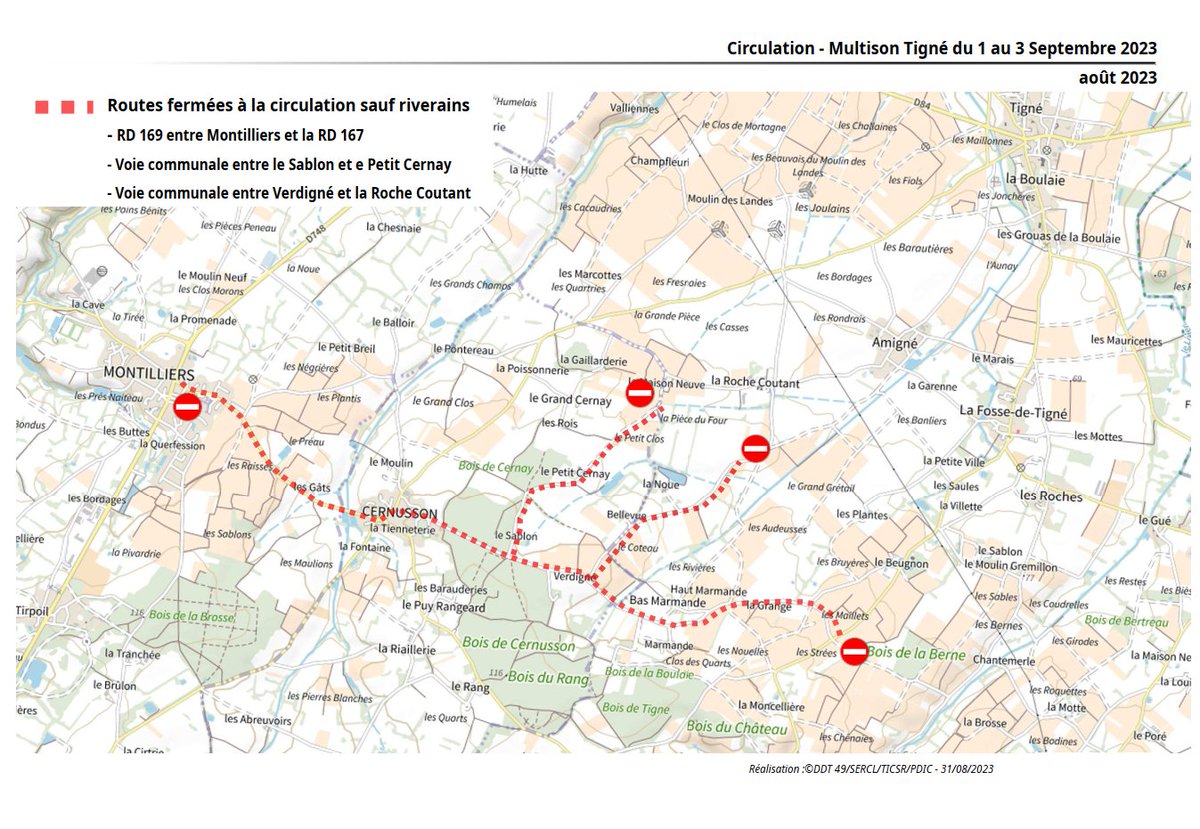 Prefet49's tweet photo. ⚠️📢 1/2 INFORMATION
Des perturbations de déplacement sont à prévoir à partir de ce jour jusqu’au 3 septembre 2023 à 18h00 dans le secteur de #Tigné et de #Cernusson à l'occasion de l'organisation d'un #multison déclaré https://t.co/l6TsnafOGh
