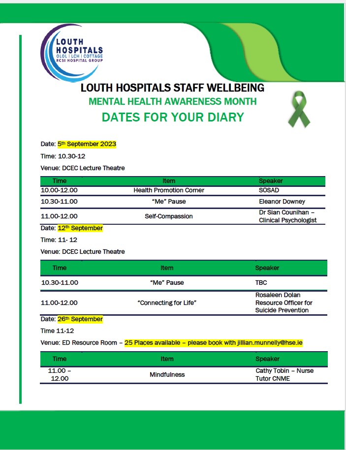 We are delighted to have some talks & events across the month of September for #MentalHealthAwareness Please share across your teams & encourage as many staff as possible to attend. @NursingOlol  @AdrianCleary101 @gra_milne12 @ainedav @HealthPromoOLOL #GreenRibbon2023