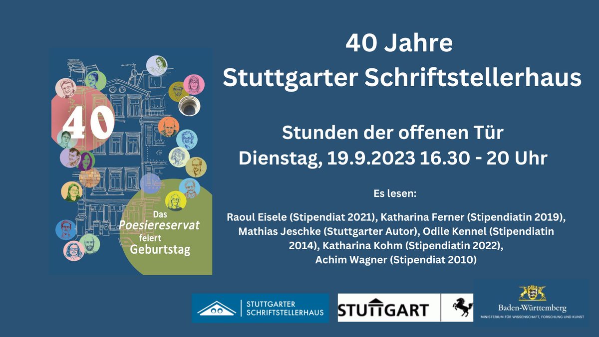 Kommen Sie vorbei! Einen Tag nach dem Festakt im Hospitalhof zu unserem Jubiläum öffnen wir  am 19. September ab 16.30 Uhr die Tür zum Haus. Lernen Sie das  Schriftstellerhaus von innen kennen und hören Sie exzellente Lyrik. stuttgarter-schriftstellerhaus.de/termin/40-jahr…