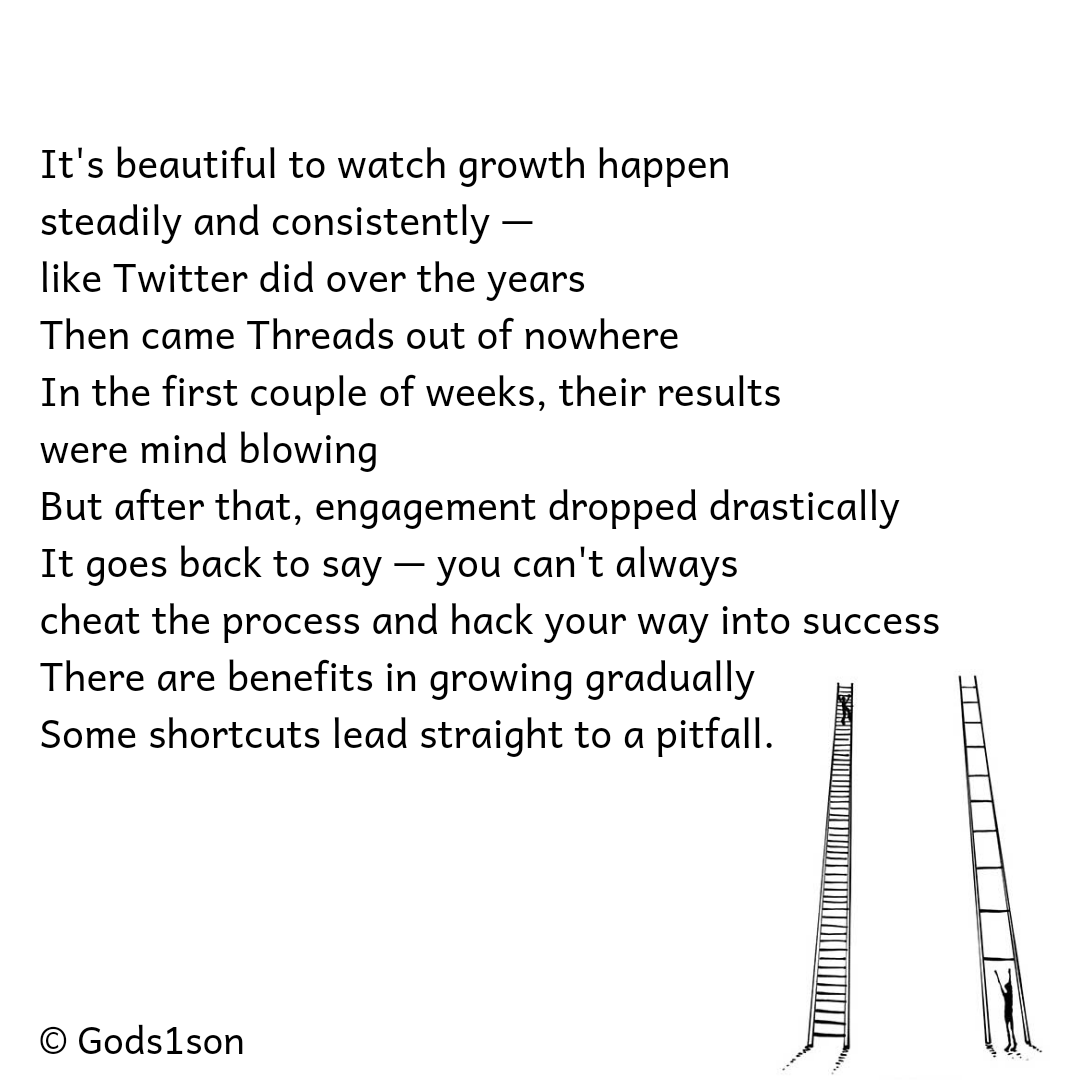 Gods1son_'s tweet photo. It's beautiful to watch growth happen 
steadily and consistently —
like Twitter did over the years 
Then came Threads out of nowhere
In the first couple of weeks, their results 
were mind blowing 
But after that, engagement dropped drastically https://t.co/hFkpRTeiG5