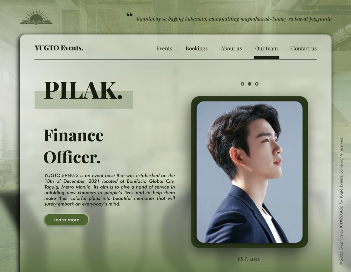 ⠀ ‌⠀  
⠀ ‌⠀  
⠀⠀⠀  ⠀YUGTO⠀EVENTS.⠀⠀ 
 
❛ Ako si AKIHIRO NAKAMURA 
mula sa kagawaran ng PILAK. Halina't
samahan kami sa pagbubukas 
ng mga panibagong YUGTO ng  
inyong mga buhay!  
 
⠀