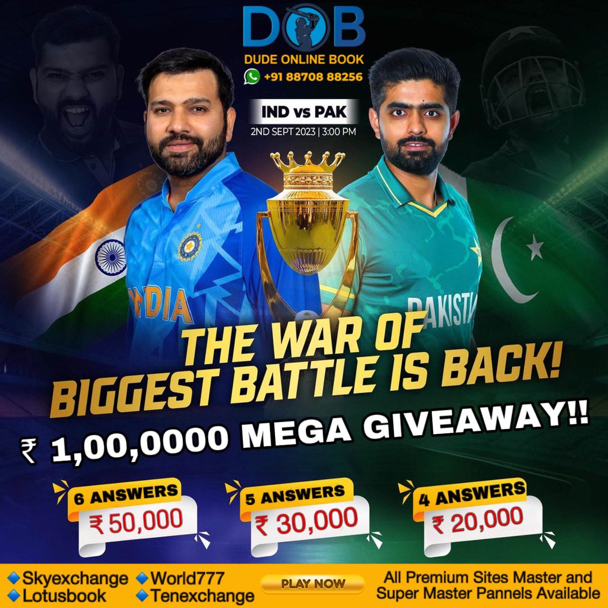 PuntingDude's tweet photo. DOB #INDvsPAK Contest ₹ 1,00,000

Predict:

- Toss Winner &amp; Match Winner 
- Top Match Batsman &amp; Bowler
- Total Match Sixes &amp; Fours
- 1st innings Score
- Virat Kohli Score 
- Player Of The Match

Rules:

- Follow Me 
- RT &amp; Like 
- Tag 3 friends 

#AsiaCup2023 #AsiaCup23 #INDvPAK https://t.co/nVXXH7CouB