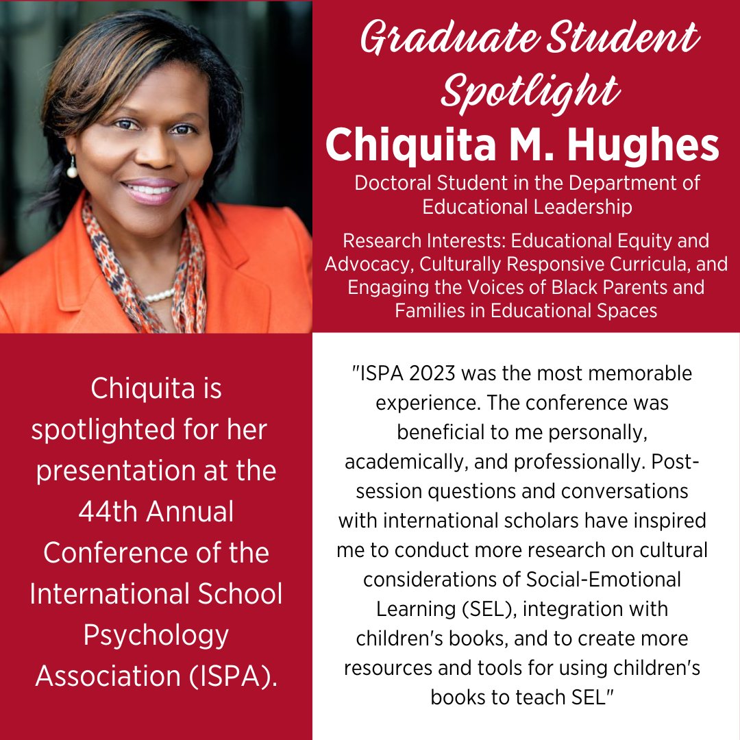 MiamiOH_GradSch's tweet photo. Congratulations to Chiquita M. Hughes for being spotlighted! Chiquita is spotlighted for her presentation at the 44th Annual Conference of the International School Psychology Association (ISPA). Keep up the good work! https://t.co/XO2nXGNgZP