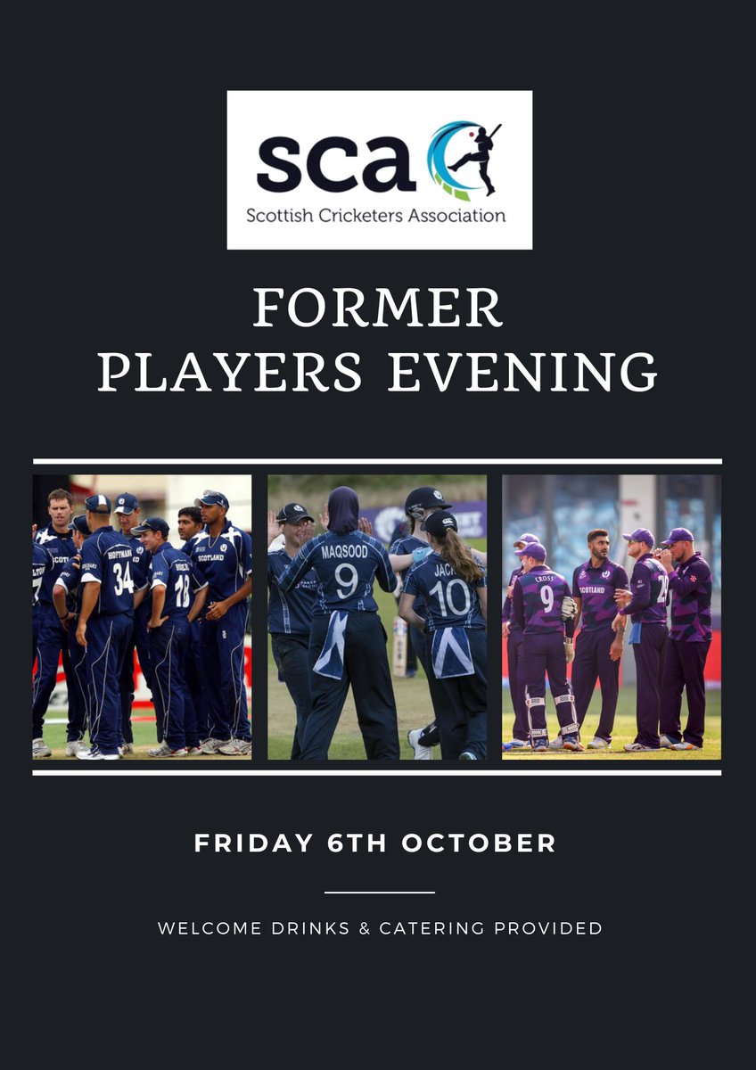 🚨 SCA Former Players Evening is back! 🚨

Drop us a message for details - we look forward to welcoming all former and current Scotland Cricketers 🏴󠁧󠁢󠁳󠁣󠁴󠁿🏏