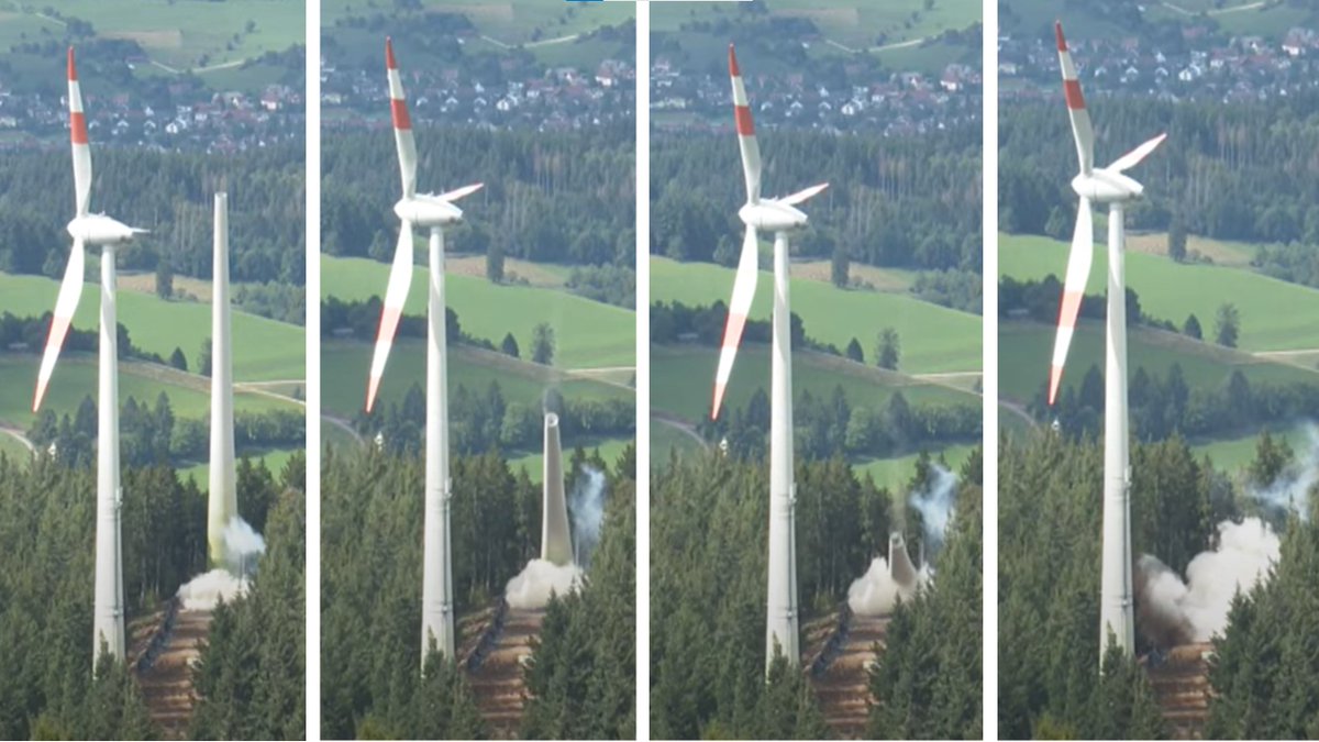 Today in Freiburg: A 20 year old wind turbine got demolished using explosives. Its twin will see the same fate in spring, both turbines will be surprised by a single larger turbine that will produce twice as much electricity as the two old ones together.