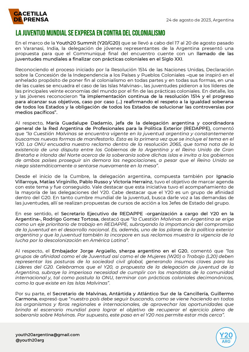 Youth20Arg's tweet photo. 🌍🇦🇷 En la Cumbre del Youth20 (Y20/G20) en Varanasi, India, la delegación argentina logró que el Communiqué final del encuentro incluyera un llamado global para poner fin a prácticas coloniales en el Siglo XXI. 
#Y20 #G20 #Descolonización https://t.co/4qpo5sZCo5