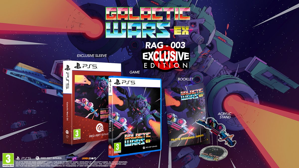 Galactic Wars EX, our Exclusive Edition RAG-003, can now be pre-ordered from bit.ly/GalacticWarsEX! Pre-order one of the 999 copies of this PS5 Shmup and you will also receive a booklet as well as an acrylic stand! Galactic Wars EX Exclusive Edition for PS5 will land Q4 2023.