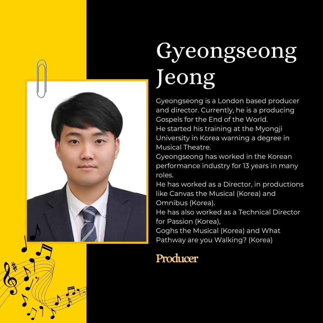 🎉Meet the Goldsmiths MA Musical Theatre Team🎉

Gospels for the End of the World  

Gyeonseong Jeong: Producer  

#NEXUSfestival