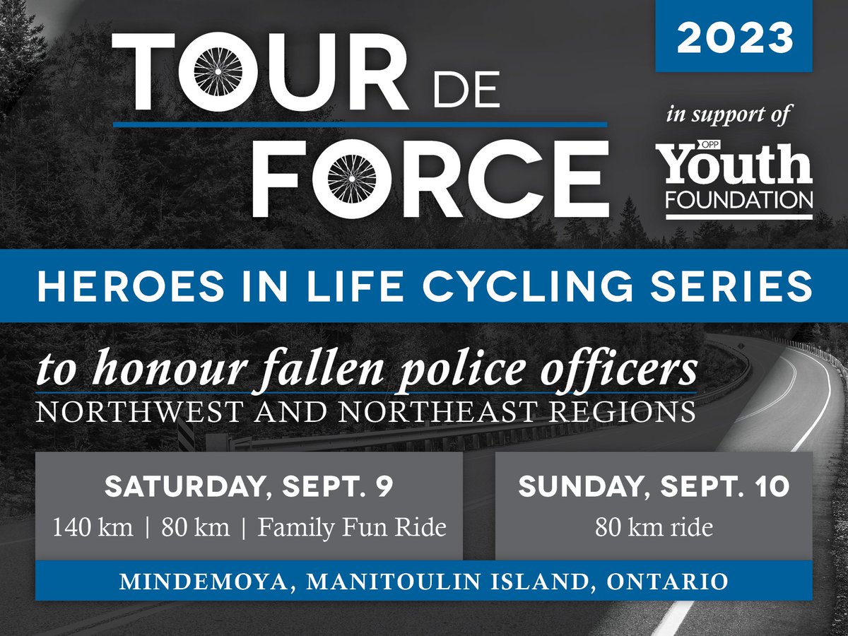 OPPCommissioner's tweet photo. Join police and others on September 9 and 10 in Manitoulin to commemorate fallen officers from northwest and northeast regions. Together, we cycle in their honour and memory. #HeroesInLife https://t.co/hUlxoCn6WV