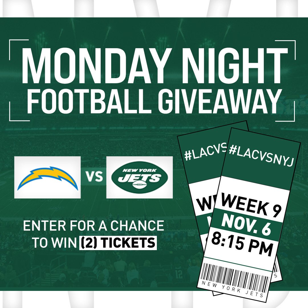 Monday Night Football at Metlife Stadium. You want to be there. I've got two tickets for a lucky fan. Follow and retweet for a chance to win. Rules: nyj.social/3OXaMWl #LACvsNYJ #Sweepstakes