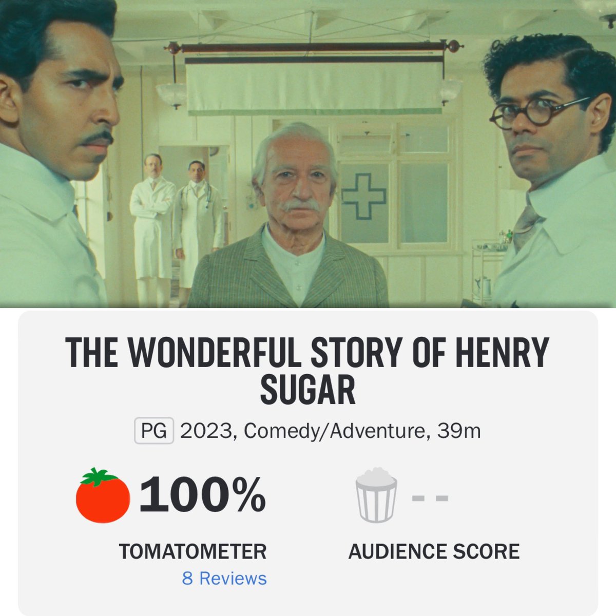 Wes Anderson’s ‘THE WONDERFUL STORY OF HENRY SUGAR’ debuts with a 100% score on Rotten Tomatoes.