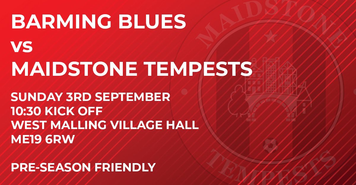 The final pre-season friendly before the 2023/24 season begins!

⚽️ Friendly
🆚 <a href="/BarmingBluesMen/">Barming Blues Men</a> 
🕒 Sun 3rd September / 10:30 KO
🏟 West Malling Village Hall / ME19 6RW

#WeAreTempests #SundayLeague @SELKGrassroots <a href="/mmksfl/">Maidstone & Mid Kent Sunday Football League</a>