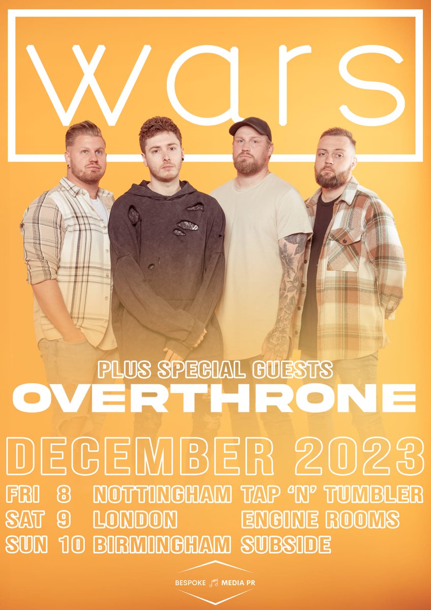 BESPOKE MEDIA PR PRESENTS: @Overthronemusic SET TO HEAD OUR ON THE ROAD WITH @weareallwars THIS DECEMBER. 8th December Tap 'n' Tumbler Nottingham (Free Entry) 9th December The Engine Rooms London (Ticket Link To Follow) 10th December Subside Bar Birmingham (Free Entry)