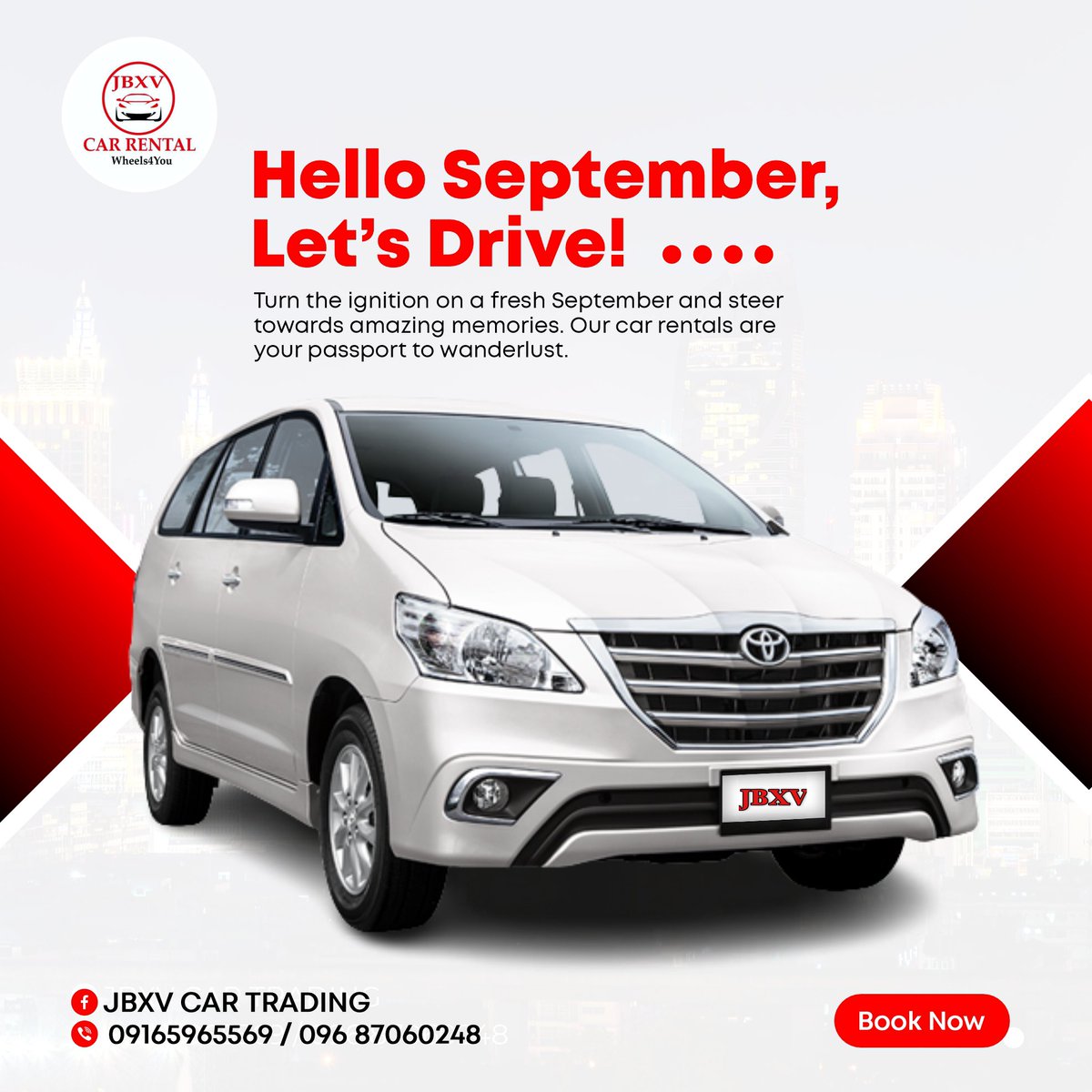 JBXV_car's tweet photo. Buckle up! Our biggest deal of the season arrives soon. 🚗 JBXV  DAY: September 8- 9. We see a family-filled road trip in your future. 🔮

Huge discount awaits for long term car rental! Up to 50% off published rates.

Call &amp; Text JBXV for more details @ 09165965569/ 
09687060248 https://t.co/D7wTa2vPFq
