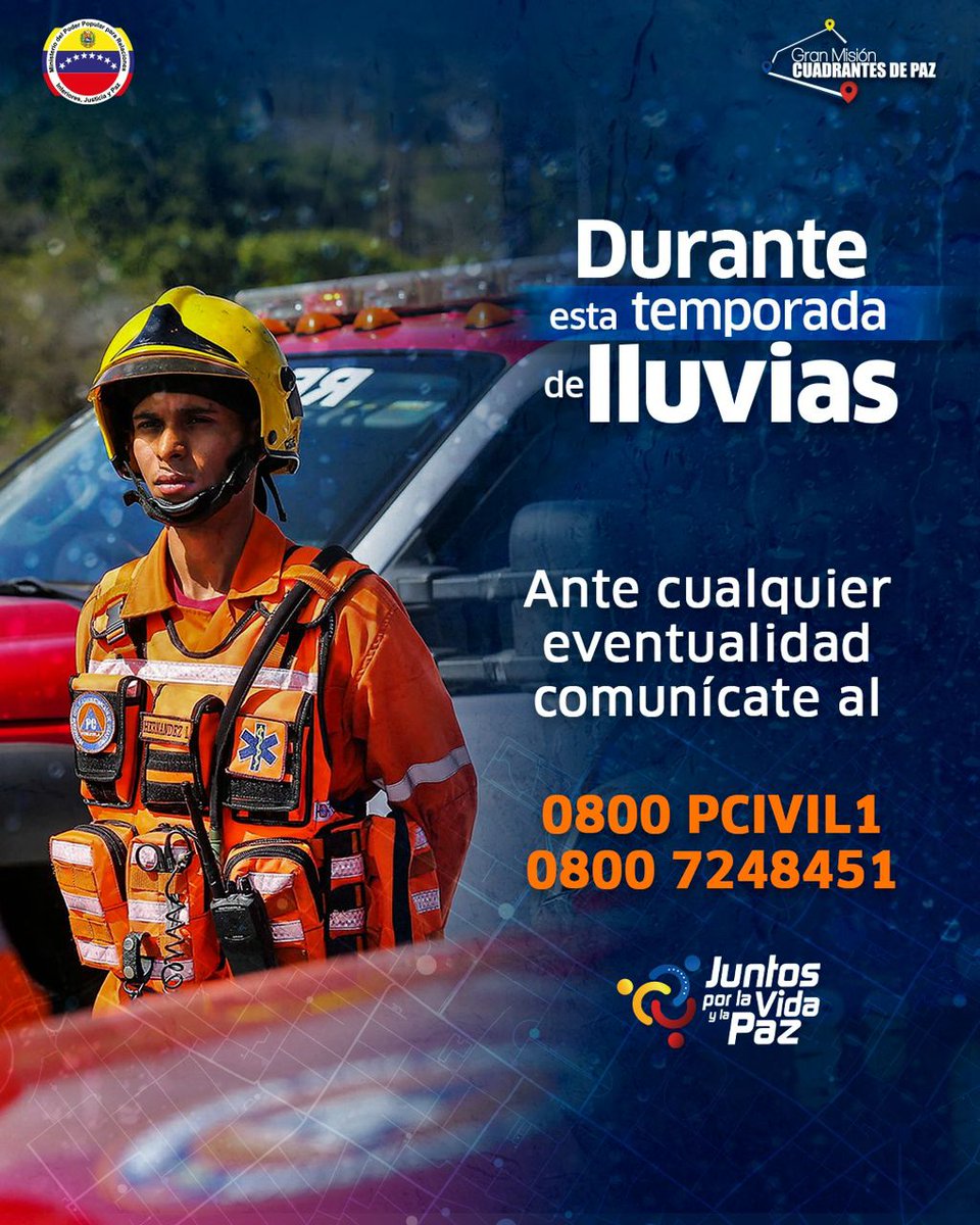 #01SEP  || En esta temporada de lluvias 🌧️  ante cualquier eventualidad comunícate al 📞 0800 PCIVIL1, (0800 7248451). 

 Sigamos #JuntosPorLaVidaYLaPaz

#VenezuelaPotenciaAgraria