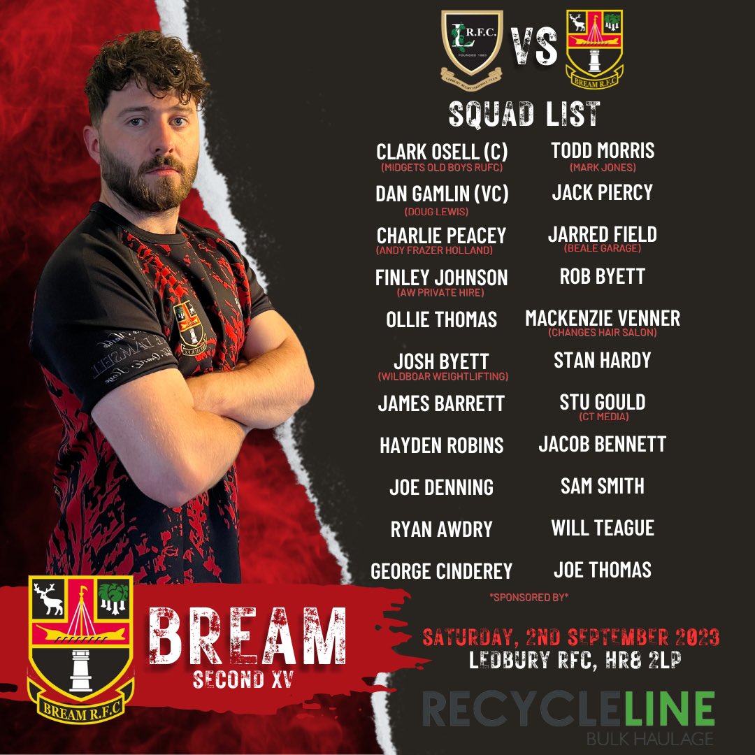 ⭐️SQUAD ANNOUNCEMENT⭐️

Here is your First &amp; Second team squads to take the field tomorrow.

Bream 1’s Vs Bristol Saracens (HOME) - * 15:00 Kick Off* - Counties II Tribute Gloucestershire South - Game Week One 👊🏻

Bream 2’s Vs Ledbury 2’s (AWAY) - * 15:00 Kick Off* - Friendly 👊🏻