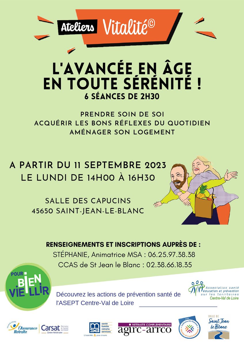 Vieillissez en toute vitalité ! 

📅A compter du 11/09/2023 à 14h00
📍St Jean Le Blanc, salle des Capucins

- Activités ludiques et partages d’expérience au cours de 6 ateliers pour découvrir les clés d’un vieillissement en bonne santé.
- Ouvert tout public ✅