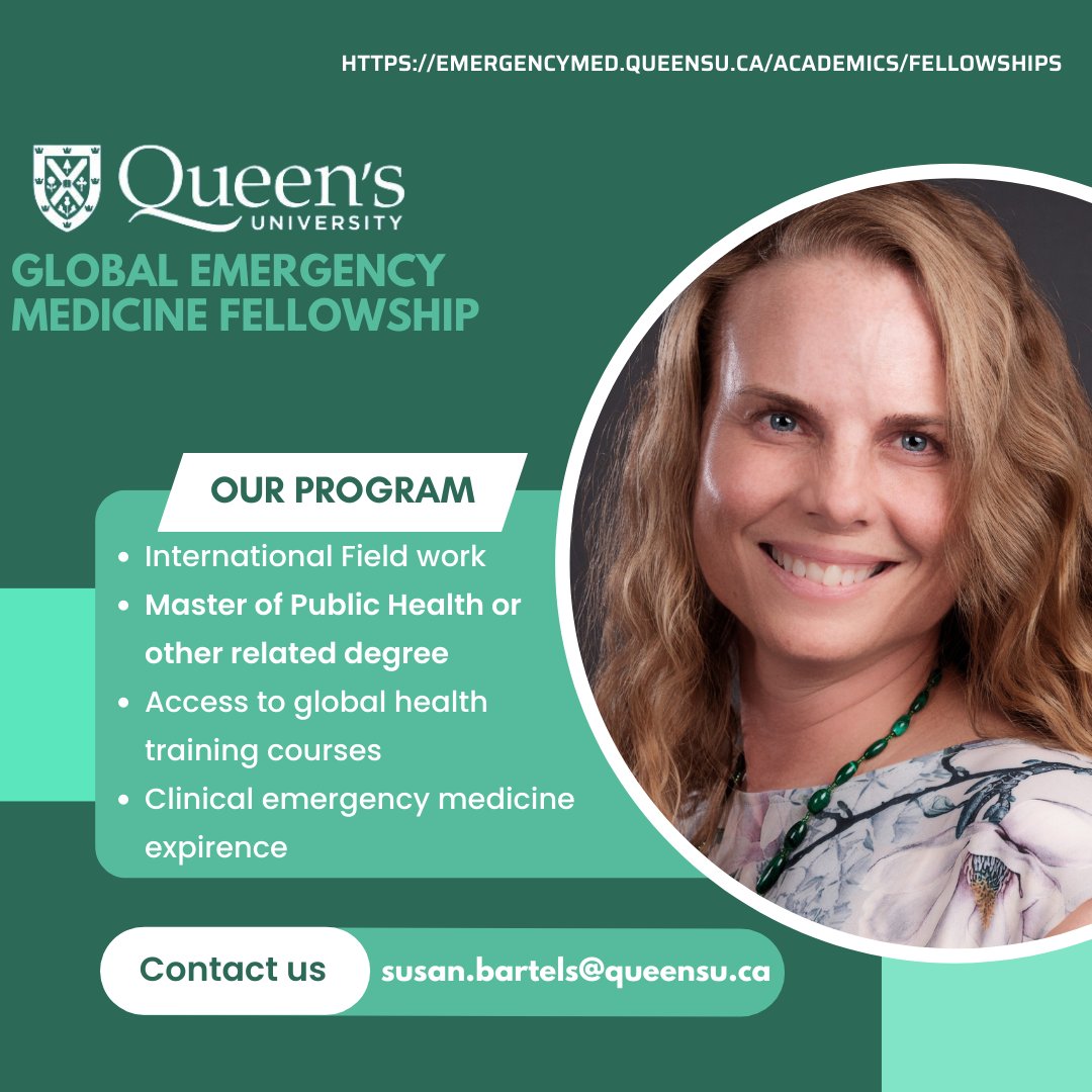Thinking about a fellowship in Global Emergency Medicine? Reach out to @susanabartels to learn more. Visit our website to learn how to apply. emergencymed.queensu.ca/academics/fell… Application deadline September 20, 2023 for July 2024 start.