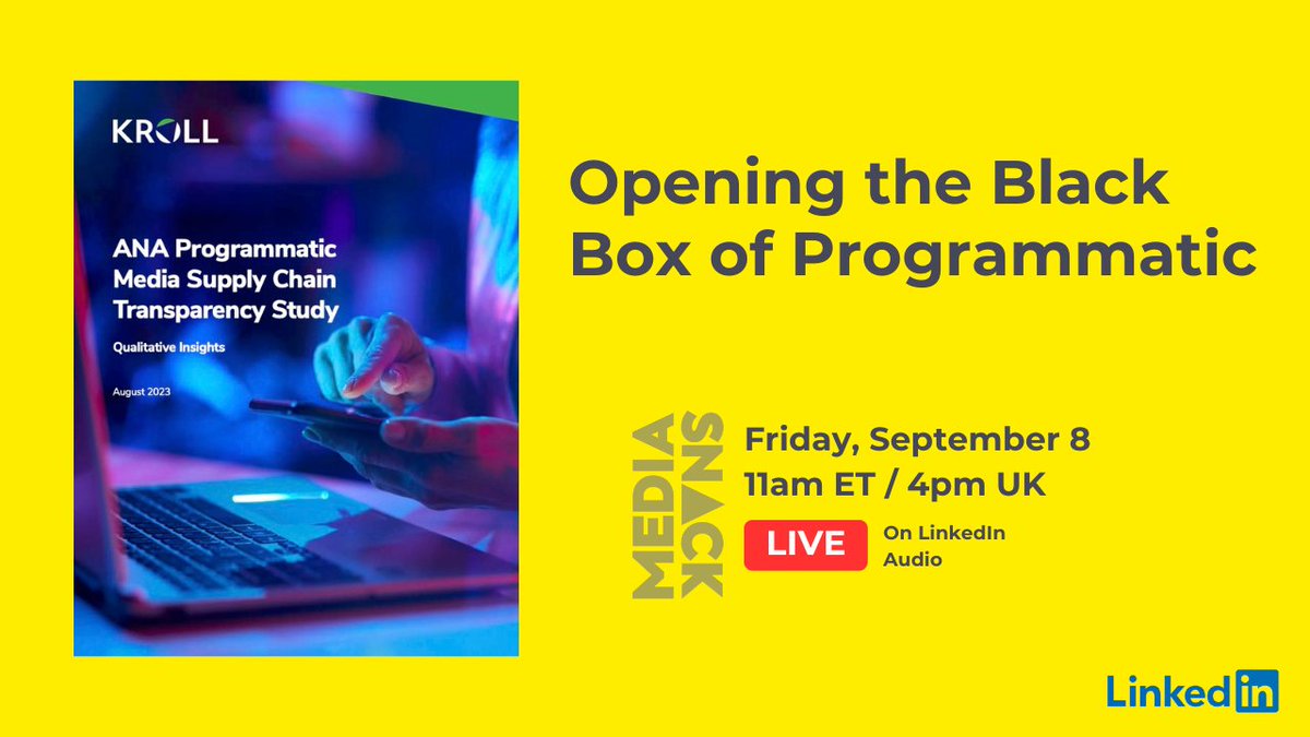 IDComms's tweet image. On the next #MediaSnack LIVE we welcome the expert team from Kroll for Opening the Black Box of Programmatic.

Join us Friday, September 8th, 11am ET / 4pm UK 

Get all the details and register here: 
bit.ly/45sNCht