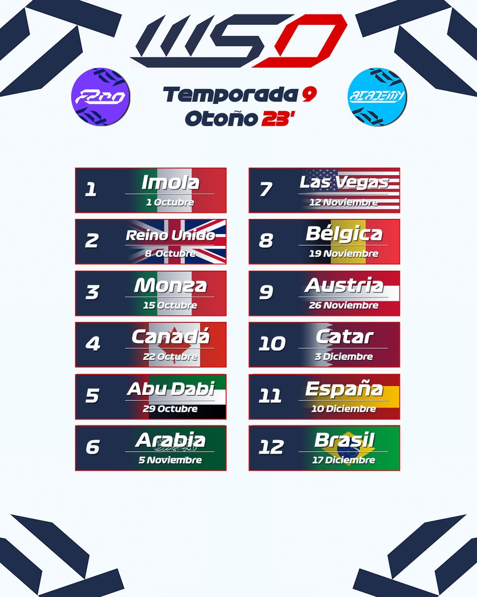 ¡¡Tenemos el placer de presentaros el nuevo calendario para la temporada 9 de World Series Online!!

FPro: Domingos 22:00h (Hora peninsular) 🟣
Academy: Domingos 18:00h (Hora peninsular) 🔵

¡ESTO COMIENZA YA! 🔥