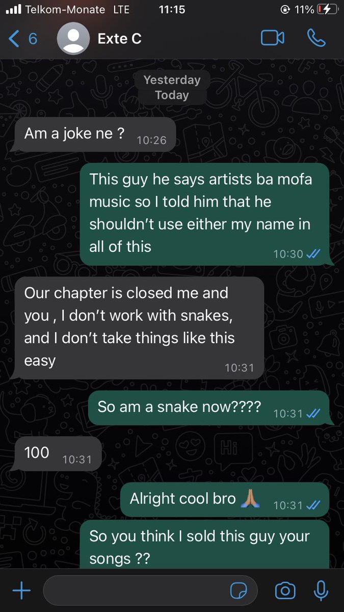 Am glad that one of my friend took some screenshot from his conversation with Exte C .
Am being attacked , accused and threatened over something I have no idea of ,
They are even threatening me to remove Aluta EP from all digital stores n also closing gigs for me !😢😢