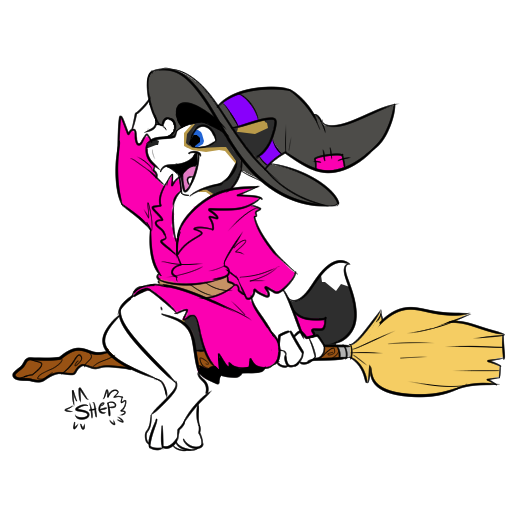 I know it's a little early for Halloween, but Kaya (The Shibe Wolfdog) is a full-time witch! She just doesn't use the costume all the time… Lines by <a href="/StupidShepherd/">Shep is on Bsky now</a> via Patreon membership, Coloring and Fursona is my doing.