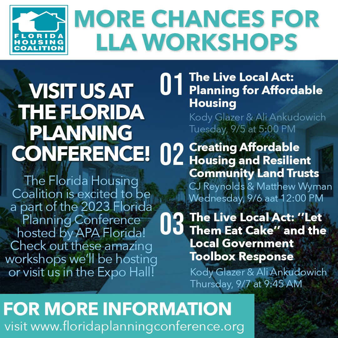 FLHousingC's tweet photo. We're working hard to get conference recaps posted - but the learning doesn't stop! We're presenting some marvelous #LiveLocalAct content at @APAFlorida's Florida Planning Conference next week! Hope to see you there! For more information, visit https://t.co/YHDBwNuyYr https://t.co/Ed7gdjUs16