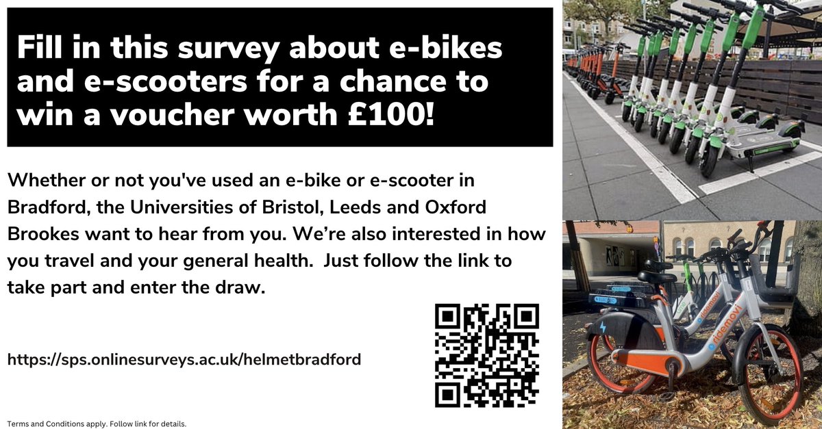 Hey #Bradford! Have you completed our #survey on the links between travel options, health and wellbeing ... plus the chance to win a £100 shopping voucher?
Enter at sps.onlinesurveys.ac.uk/helmetbradford
🚲🛴🚌💷
#activetravel