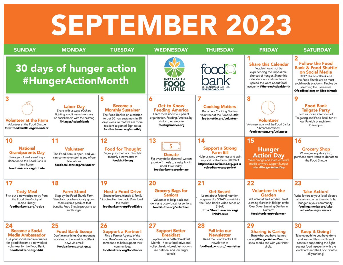 FoodBankCENC's tweet photo. No better way to kick start #HungerActionMonth than it also being National Food Bank Day! 
💚🧡 Together with @foodshuttle we are encouraging our friends and neighbors to take action against hunger and follow along with us as we do so! Share this calendar and follow along! https://t.co/5fEIWDPmL2