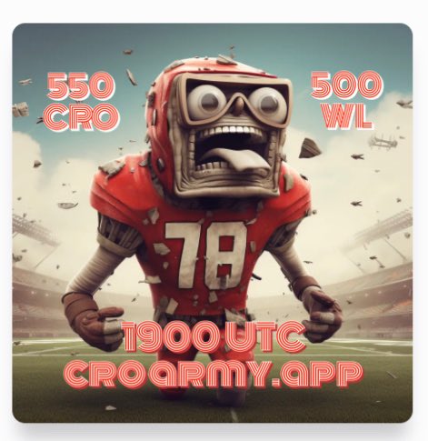 It’s #mintday 🚀🚀🚀🏈 going live at 1900 UTC on croarmy.app 🏈 550 CRO and 500 wl