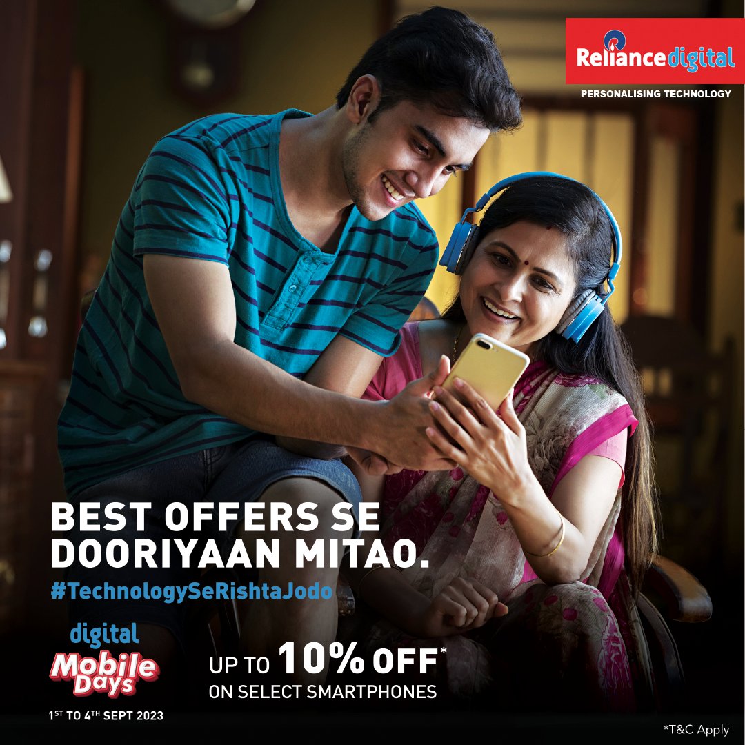 RelianceDigital's tweet image. Celebrate connectivity with digital Mobile Days starting from 1st September to 4th September 2023. Get up to 10%* off on select smartphones. Don't think, rush to your nearest Reliance Digital store now.​
*T&amp;amp;C Apply

#offer #mobiledays #technology #reliancedigital