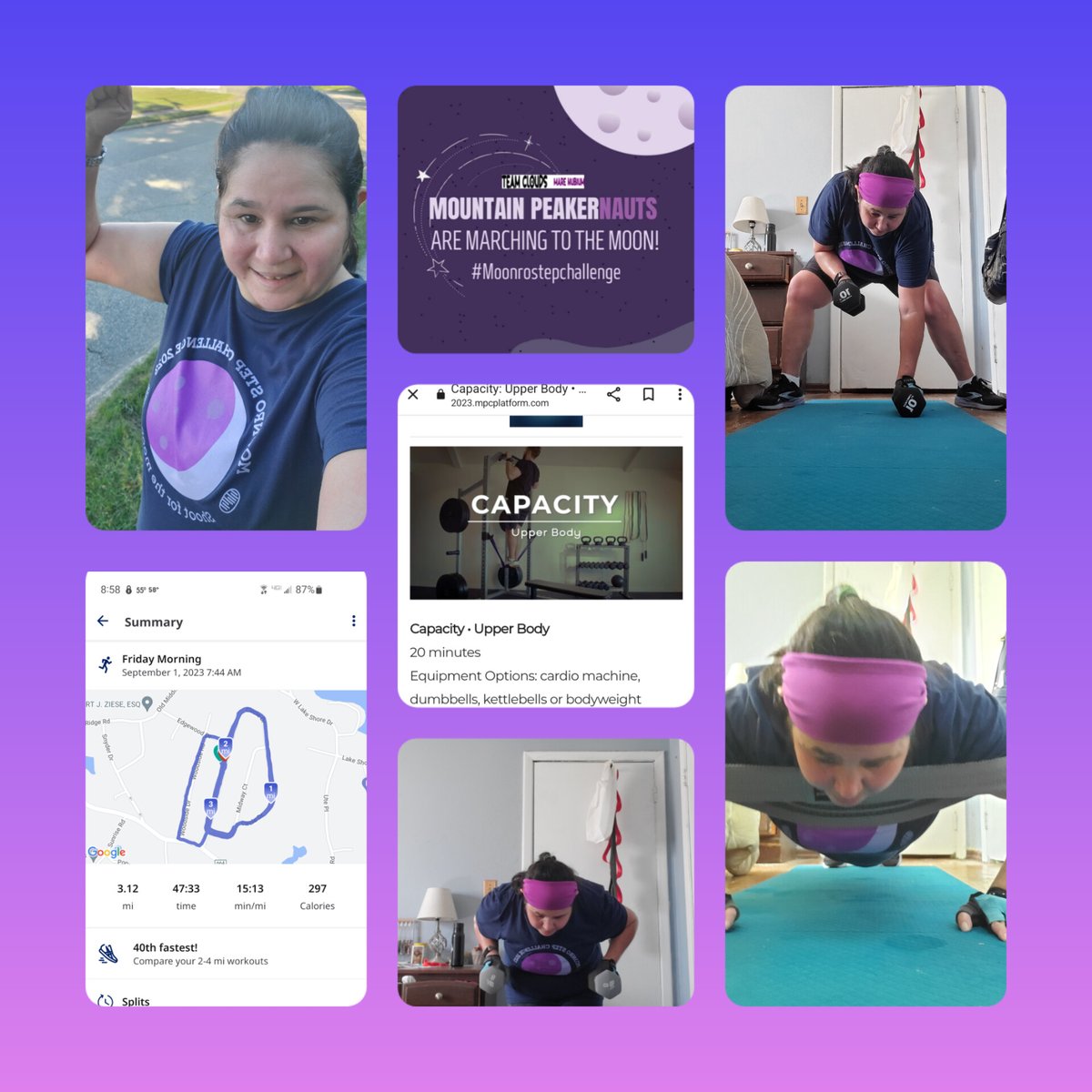 Leigh04291173's tweet photo. Happy #flexfriday Peakers!

It's September 1st, and the start of the Moonro Challenge.   Starting it off this morning with a 5K run, and then Capacity: Upper-Body 20 minutes.  
Hope everyone has a wonderful weekend!
#MPC2023 
#moonrostepchallenge2023
#mountainpeakers 
#teamclouds https://t.co/R6hzzSjWC4