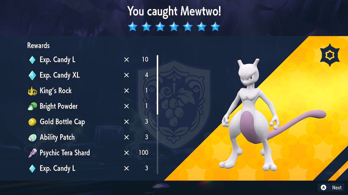 incursi63025046's tweet image. After a couple hours of attempts, i managed to take down the 7 star Mewtwo raid event! #MewtwoEvent #MewEvent #7StarRaid #PokemonScarletViolet #NintendoSwitch