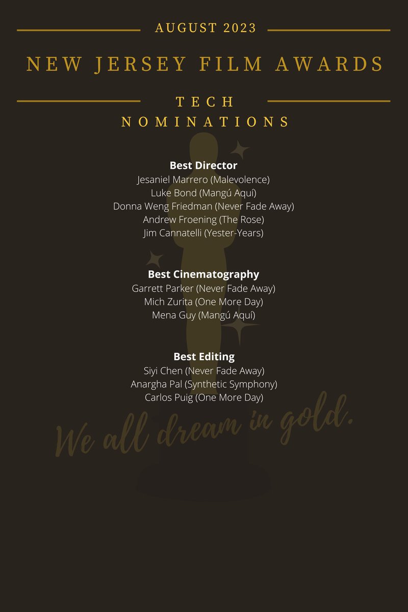 njfilmawards's tweet photo. Tech nominations are in! Winners in all categories will be announced during our awards ceremony tonight at 8pm EST on YouTube. Link in profile. Good luck to our nominees! 🎥🍿 https://t.co/ASNfNSRhSP