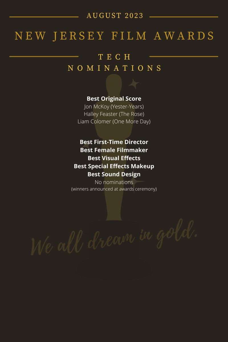njfilmawards's tweet photo. Tech nominations are in! Winners in all categories will be announced during our awards ceremony tonight at 8pm EST on YouTube. Link in profile. Good luck to our nominees! 🎥🍿 https://t.co/ASNfNSRhSP