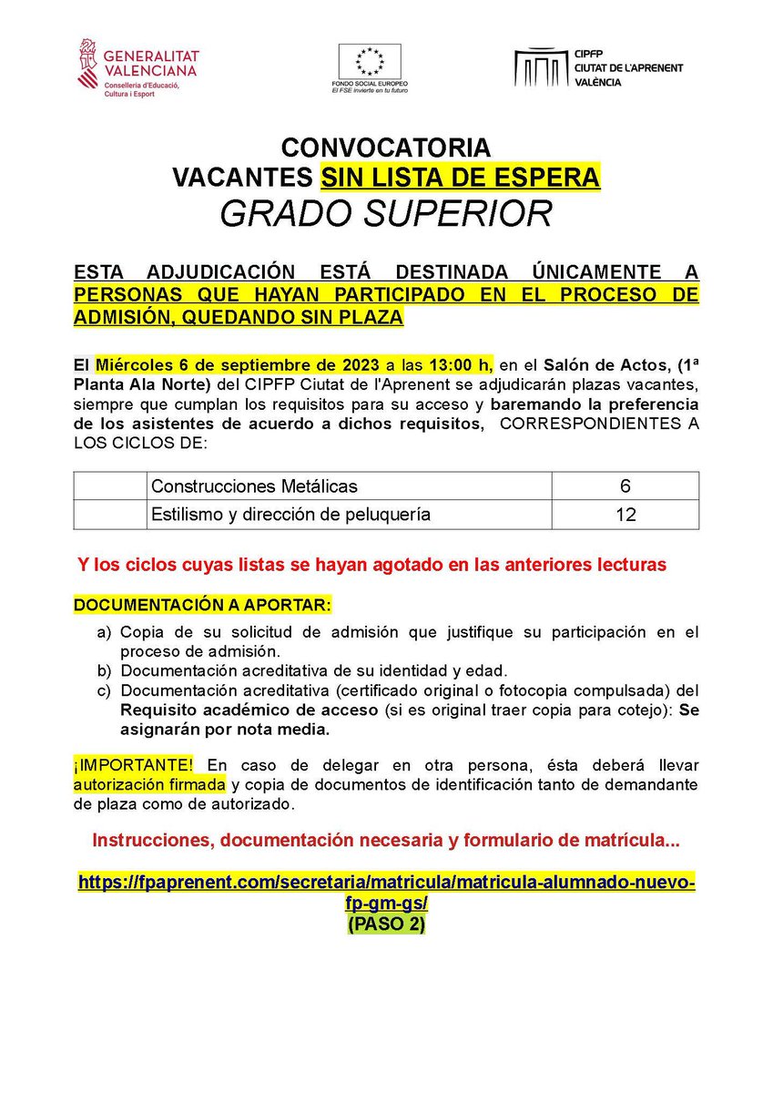 fpaprenent's tweet photo. Convocatoria de adjudicación presencial de vacantes, curso 23-24 https://t.co/mnNKjIife4 https://t.co/rsAXiROKFY