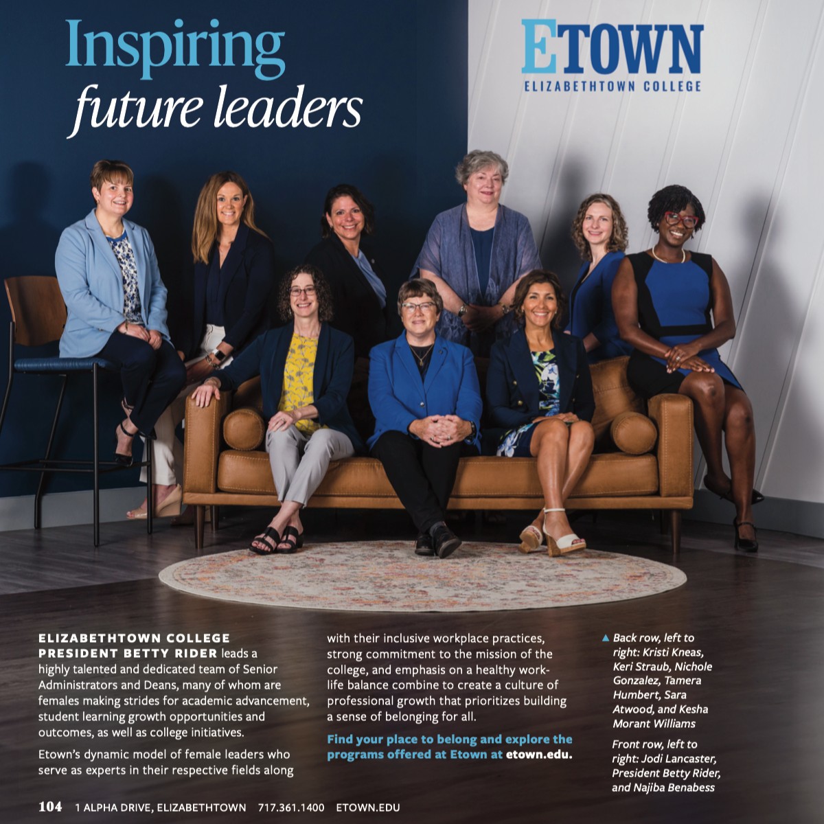 EtownCollege's tweet photo. Led by #etowncollege President Betty Rider, Etown's dynamic model of highly talented female leaders is creating a culture of professional growth that prioritizes building a sense of belonging for all.

Read more in this @FigLancaster feature (pg. 104): https://t.co/U7ucVX6PQo. https://t.co/E5AYbFbmQm