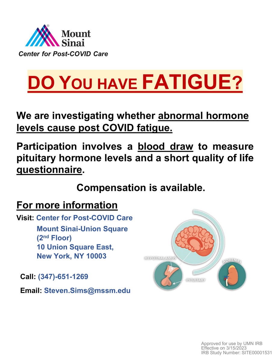 IcahnMountSinai's tweet photo. Mount Sinai’s Center for Post-COVID Care is part of a novel, multisite study that is investigating whether abnormal pituitary hormone levels are implicated in post-COVID fatigue: https://t.co/8jKvn27NjH

Now recruiting nationwide. Must have access to a Labcorp or Quest location. https://t.co/0weqIio6Cq