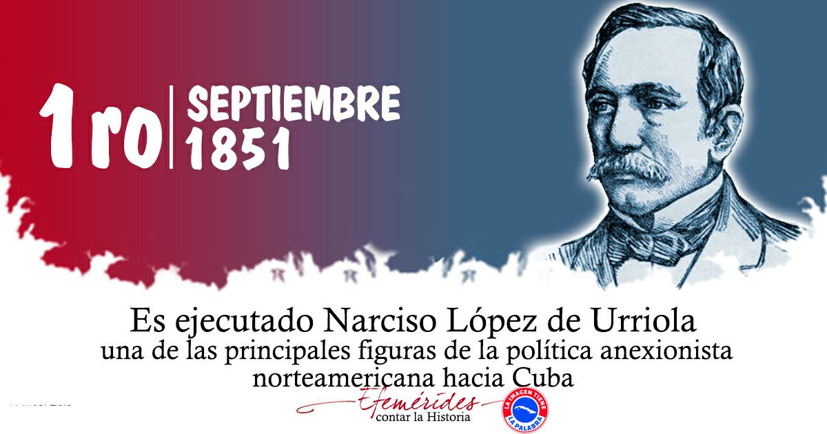 El 1ero de septiembre de 1851 es ejecutado Narciso López , una de las principales figuras de la política anexionista norteamericana hacia #Cuba.
#CubaViveEnSuHistoria 
<a href="/AntillaGran/">꧁🇨🇺Gran Antilla ꧂</a> <a href="/casa_102/">Mi CASA</a>